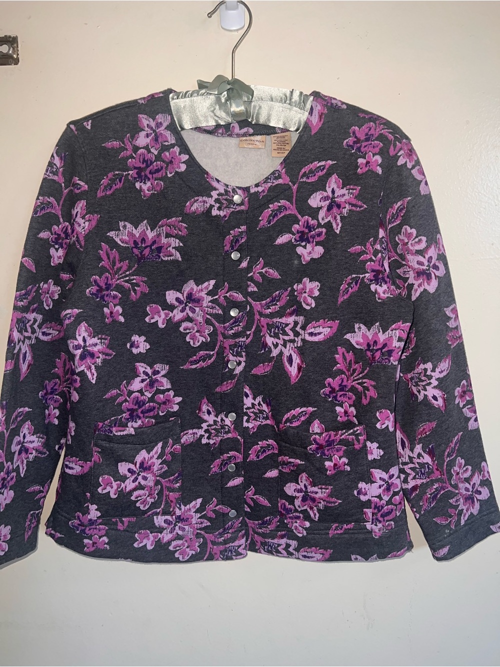 Covington Gray Cardigan with Pink Floral Accents